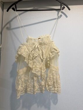 Ivory Lace Ruffle Cami with Spaghetti Straps